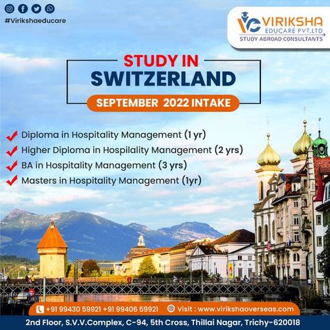 Study in Switzerland - September 2022 INTAKE Interested Please Contact Us +91 99430 59921 Book Your Application today: www.virikshaoverseas.com #studymbbsabroad #studyabroad #studyincanada #studyinaustralia #studyincanada #studyinuk #studywithoutielts #Aeronauticalengineering #commercialpilot #studyinswitzerland #hospitalitymanagement #switzerland #hospitality #swiss Commercial Pilot, Hospitality Management, September 2022, Study Abroad, Switzerland, Contact Us, Engineering, Australia