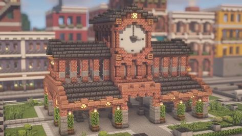 Minecraft Brick Buildings, Minecraft Warehouse Ideas, Town Center Minecraft, Minecraft Town Ideas Buildings, Minecraft Clock, Minecraft Town Ideas, Minecraft Modern City, Zicxa Photos, Minecraft Town