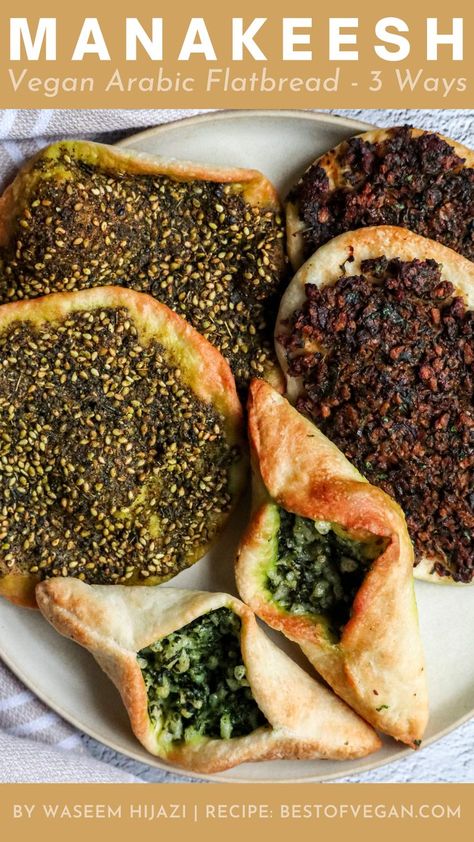 Manakeesh (Arabic Flatbread) – 3 Ways Middle East Recipes, Mediterranean Spices, Vegan Meat, Vegan Mozzarella, Za Atar, Middle Eastern Recipes, Arabic Food, Flatbread, Mediterranean Recipes