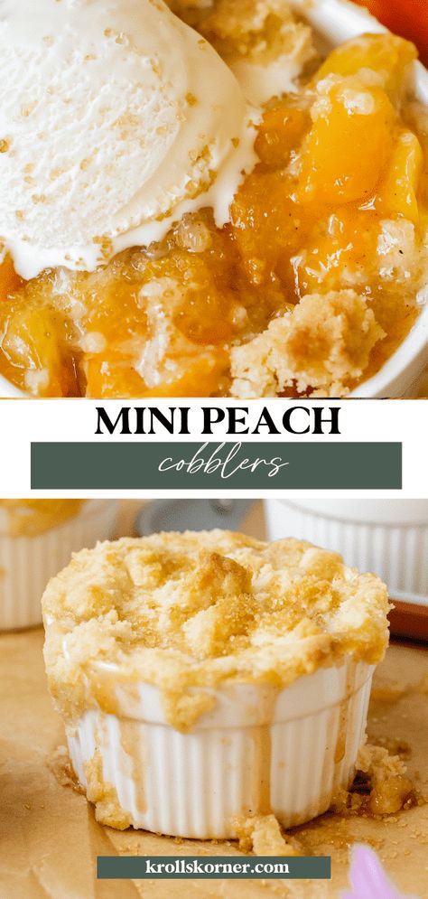 Mini Peach Cobbler • Kroll's Korner Mini Peach Crisp, Mini Peach Cobbler Muffin Tins, Individual Peach Cobbler, Mini Peach Cobbler, Mini Peach Pies, Peach Crumble, Carnival Food, Fruit Cobbler, Peach Salad