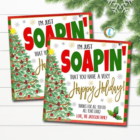 Christmas Gift Tag, Soapin' You Have a Merry Christmas, Holiday Soap Gift Tag, Secret Santa, Hands Down Xmas Staff Teacher Editable Template #SpreadJoyNotGerms #HospitalNurseStaff #TeacherChristmas #SoapingYouHaveA #VolunteerEmployee #SoapHandsDown #HolidayAppreciation #HandSanitizerTag #ChristmasGiftTag #DirtySecretSanta Spatula Gift Ideas Christmas, Christmas Spatula Gift, Volunteer Christmas Gifts, Christmas Soap Gift, Spatula Gift, Realtor Ideas, Merry Kissmas, Editable Gift Tags, Holiday Soap