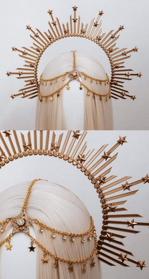 Crown On Head Drawing Reference, Headdress Ideas Diy, Head Crowns Headpieces, Diy Headpiece Costume, Ocean Headpiece, Head Dress Ideas, Head Dress Headpieces, Sun Themed Dress, Queen Makeup Looks