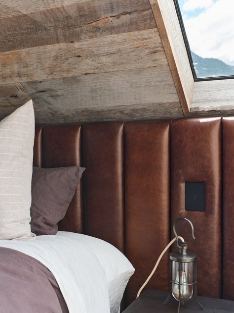 We wanted a dramatic headboard - so why not use real leather hides and go wall to wall! Leather Bedhead, Big Headboard, Bedroom Divider, Leather Upholstered Bed, Modern Lodge, Timber Posts, Leather Headboard, Headboard Wall, Panel Headboard