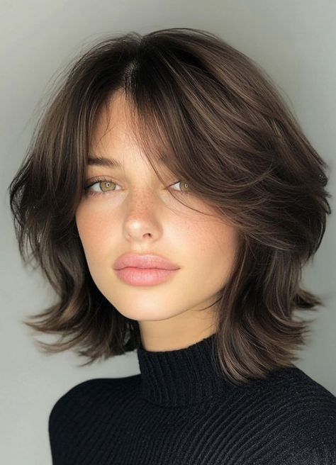 38. Tousled Brunette Bob with Curtain Bangs This tousled brunette bob with curtain bangs is the perfect mix of modern and effortless style. The chin-length cut is softly layered, creating a voluminous, airy texture that adds movement and dimension to the hair. Chin Length Layered Bob With Curtain Bangs, Short Layers Curtain Bangs Short Hair, Short Shag Bob With Curtain Bangs, Layered Bob Haircut With Curtain Bangs, Short Hair With Layers Curtain Bangs, Voluminous Layered Hair With Curtain Bangs, Long Bob Haircuts Curtain Bangs, Bob With Side Curtain Bangs, Short Layered Haircuts With Curtain Bang