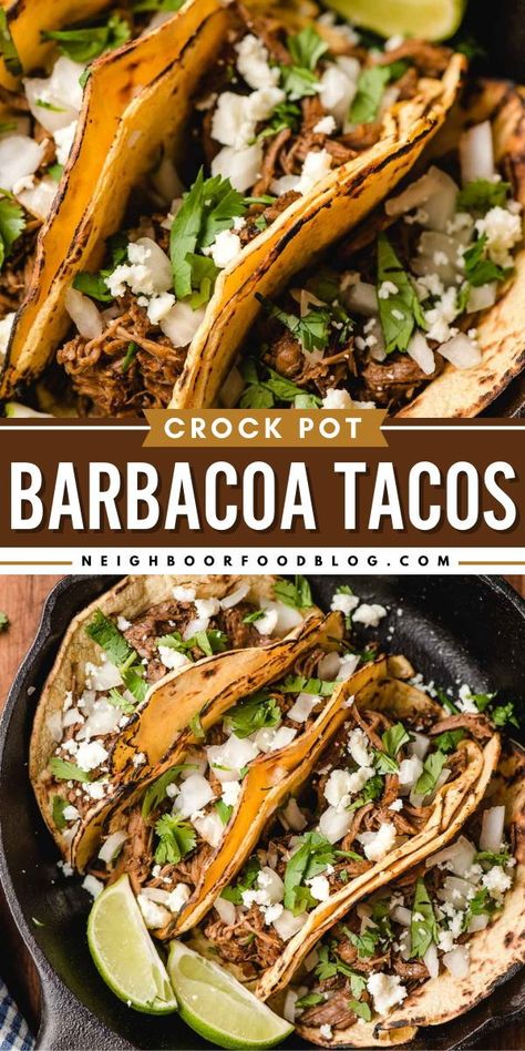 Your new favorite main dish! Fall-apart tender, juicy, and rich in flavor, these Crock Pot Barbacoa Tacos are just perfect. Check out other ways to serve this slow cooker shredded beef for a dinner idea for tonight! Crock Pot Barbacoa, Barbacoa Recipe Crock Pots, Pork Barbacoa Crock Pot, Tacos Slow Cooker, Mexican Food Slow Cooker, Barbacoa Pork, Shredded Tacos Crockpot, Rump Roast Tacos Crock Pot, Crockpot Beef For Tacos