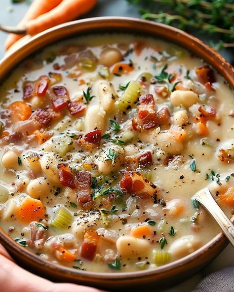 Creamy Bacon and White Bean Soup Lobster Cream Sauce, Bean And Bacon Soup, White Bean Soup Recipes, Bacon Soup, Pecan Salad, Bean Soup Recipes, White Bean Soup, Hearty Dinner, White Bean