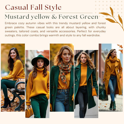 Models wear casual fall outfits in mustard yellow and forest green, featuring chunky sweaters, tailored coats, and layered accessories. These cozy, layered looks are perfect for everyday fall outings, offering warmth and style in a trendy autumn color palette. Mustard Sweater Outfit Fall, Mustard Sweater Outfit, Mustard Yellow Outfit, Yellow Forest, Explore Outfit, Mustard Yellow Sweater, Mustard Sweater, Sweater Outfits Fall, Perfect Fall Outfit