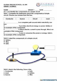 Components of circuit Language: English Grade/level: 1 School subject: Science Main content: Electric circuits Other contents: Electricity Circuits For Kids, Electric Circuit Worksheet, Electricity Worksheets For Grade 2, Electricity Basics, Electricity Worksheet, Simple Electric Circuit, Electricity Activities, Insulators And Conductors, Circuit Symbols