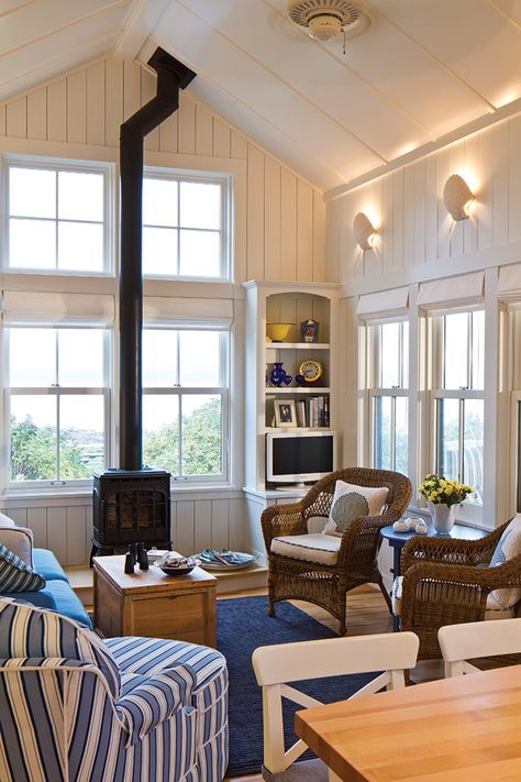 Beach Cottage Style Living Room, Rustic Cottage Interiors, Salons Cottage, Cozy Coastal Cottage, Cottage Style Living Room, Paneled Walls, Rustic Home Interiors, Maine Cottage, Classic Cottage