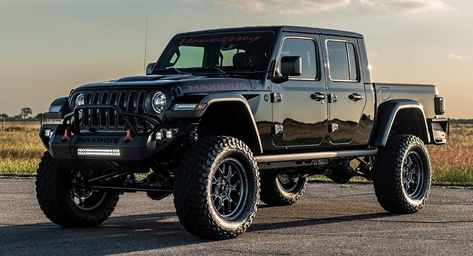 The high-performance Jeep pickup has a 6-inch lift kit and a supercharged Hellcat V8 with 1,000 hp. Hennessey Performance, Gladiator Maximus, Jeep Gladiator Mojave, Gladiator Mojave, Hellcat Engine, Black Jeep, Jeep Ideas, Custom Jeep, Fuel Wheels