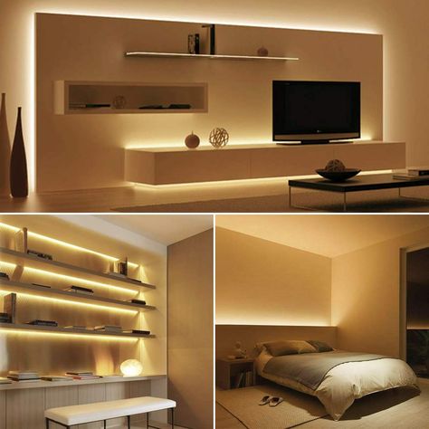 Living Room Shelf Lighting, Table With Lights Underneath, Bedroom Light Strip Ideas, Light Strip Ideas Living Rooms, Hidden Lighting Bedroom, Warm White Led Strip Lights Living Room, Home Office Led Lighting Ideas, Hidden Led Lights, Home Office Led Lighting