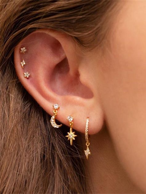 1set Women's Trendy Single Side Wearing Star & Moon Design Earrings Set (6pcs) Cute Jewelry For Teens Earrings, Ear Piercings Constellation Chart, Star Constellations Earring, Earings For Upper Ear Piercing, Moon Earrings For Teen, Dainty Ear Piercings Minimalist Jewelry, Earrings 4 Piercings, Three Hole Ear Piercing Earrings, Minimalist Ear Piercings