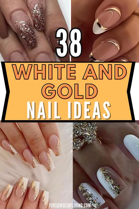 White And Gold Ombré Nails, French Manicure With Golden Tips, New Years Nail Designs White And Gold, Pink And White Ombre Nails With Gold, Summer White And Gold Nails, Gala Nails Simple, Pearl White And Gold Nails, White And Golden Nails Designs, Gold Glitter French Tip Nails Coffin