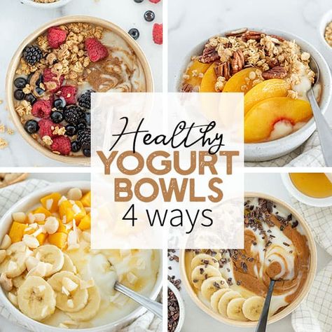 Healthy Yogurt Bowls Things To Add To Yogurt, Chia Seed Yogurt Bowl, Yogurt Toppings Healthy, Yogurt Toppings Ideas, Yougart Parfait Bowl, Protein Yogurt Bowls, Healthy Yogurt Bowls, Yogurt Bowl Ideas, Yogurt Smoothie Bowl