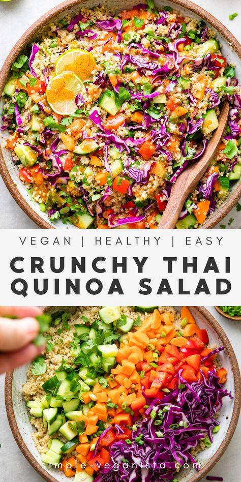 Crunchy Thai Quinoa Salad recipe features a colorful mix of veggies and tossed with a quick and easy creamy almond dressing for a delicious and addicting vegan lunch, dinner or meal prep! #healthyrecipes #veganrecipes #plantbased Almond Dressing, Thai Quinoa Salad, Thai Quinoa, Quinoa Recipes Healthy, Quinoa Salad Recipe, Gourmet Salad, Resep Diet, Salad Healthy, Salad Pasta