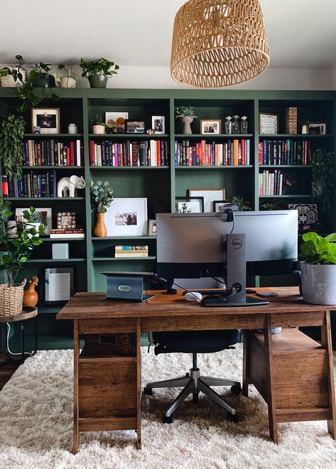 From Billy Bookcases to this “built in” office unit. Green office. Boho chic office. Front room green office built ins. Wood ans green tone office. IKEA Billy book case built ins. Realistic and cheap built ins. Pristine Wilderness by Shermin Williams Small Office Ideas With Bookshelves, Bookshelf In Home Office, Dark Green Bookshelf Aesthetic, Office Plaque Design, Emerald Green Study Room, Office With Two Bookshelves, Bookshelves In Office Study, Green Bookcase Living Room, Realistic Home Office Ideas