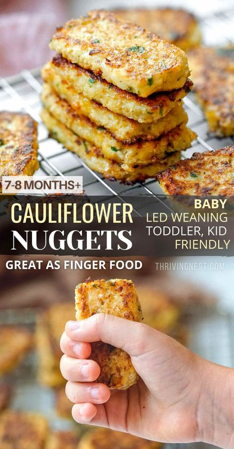 Cauliflower Nuggets Baby Finger Food (BLW) | ThrivingNest Weening Food Ideas, Solid Starts Recipe, Healthy Blw Recipes, Blw Recipes On The Go, Blw Recipes 8 Months Meal Ideas, Bell Pepper Recipes Blw, Blw Dinner Recipes, Baby Lean Weaning Foods, Cauliflower Nuggets Baked