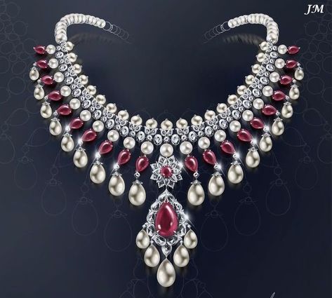 Viren Bhagat spent 10 years collecting the 24 Burmese rubies that make up this necklace of rubies, pearls and diamonds with the evocative name of Star of Arihant. The chain is made of natural diamonds, greenish yellow, brown and pink. Viren Bhagat is certainly one of India's leading jewellers, and it is widely believed that JAR and Bhagat are capable of competing for the title of the best jeweller of our time, even if he is not world famous as JAR. mm Viren Bhagat Jewellery, Bhagat Jewellery, Viren Bhagat, Mughal Jewelry, Bridal Diamond Necklace, Jewelry Rendering, Neck Pieces Jewelry, Beautiful Beaded Jewelry, Diamond Jewelry Set