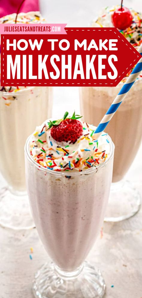 Learn how to make a milkshake at home from scratch! We will teach you how to make delicious vanilla, strawberry and chocolate milkshakes plus give you ideas for more flavors and combinations. The possibilities are endless.  This dessert couldn’t be easier and is perfect anytime of year. Easy Spring Treats, Homemade Milkshake Recipe, Milkshake At Home, Strawberry Recipes Easy, Creative Drinks, Milkshake Recipe Easy, Homemade Milkshake, Strawberry And Chocolate, Milkshake Flavours