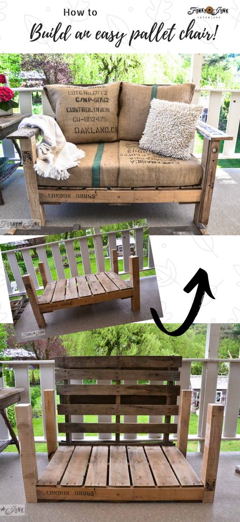 Learn how to build this easy-to-build rustic pallet wood chair, using 2 pallets! Included are coffee sack covers and how to create cushion. Click for full how-to instructions through this post. Diy Pallet Patio Furniture, Diy Pallet Patio, Pallet Furniture Cushions, Pallet Patio Furniture Diy, Pallet Furniture Plans, Diy Outdoor Seating, Pallet Chair, Pallet Garden Furniture, Pallet Patio Furniture