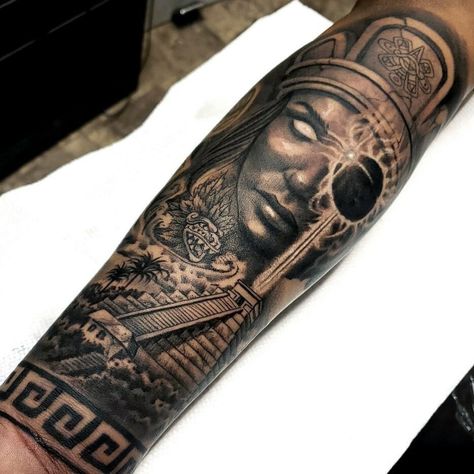 Aztec Sleeve Tattoo Women, Aztec Forearm Tattoo For Men, Mexican Revolution Art, Mayan Warrior Tattoo, Mayan Art Tattoo, Aztec Armor, Mexican Heroes, Mayan Warrior, Aztec Warrior Tattoo