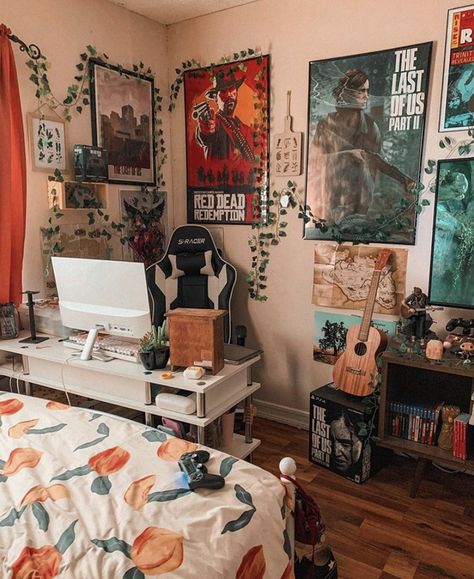 Aesthetic Room With Gaming Setup, Elegant Nerdy Decor, Cozy Nerd Aesthetic, Nerd Dorm Room, Simple Gaming Setup Bedroom, Dystopian Room Ideas, Simple Gaming Setup Aesthetic, Geek Bedroom Aesthetic, Nerd Apartment Aesthetic