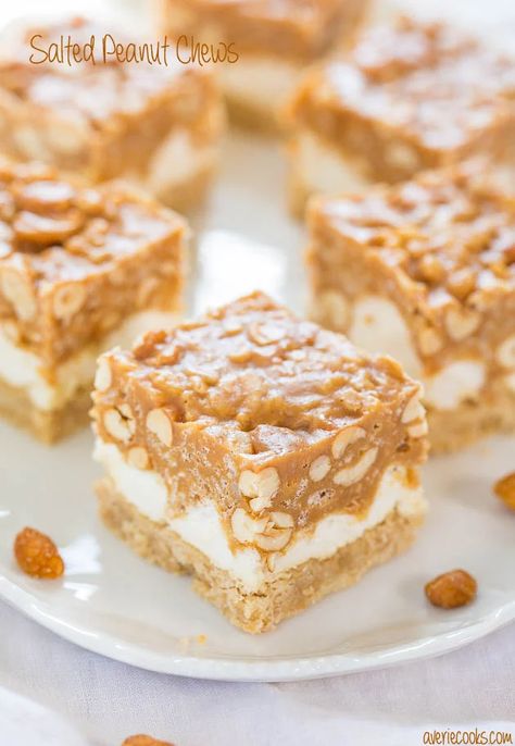 Salted Peanut Chews - Averie Cooks Salted Peanut Chews, Peanut Chews, Salted Nuts, Averie Cooks, Dessert Bar Recipe, Peanut Butter Chips, Yellow Cake, Yellow Cake Mixes, Dessert Bars