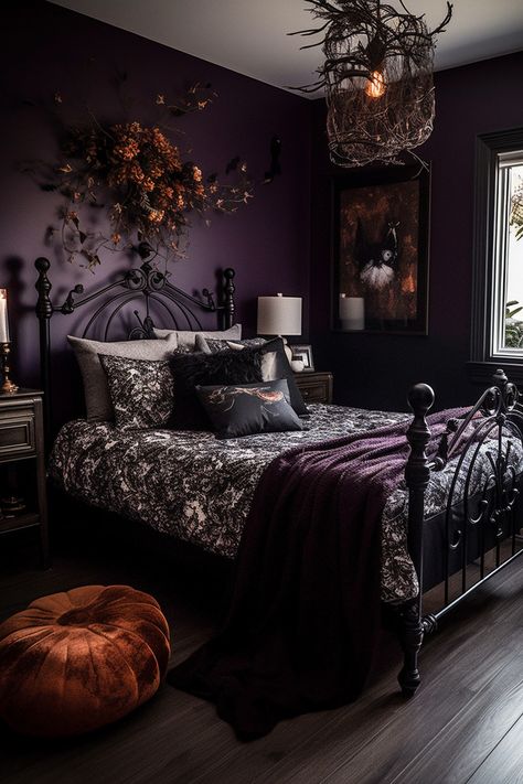 Looking to give your bedroom a Halloween twist? Discover inspirational ideas to create a spooky, cozy, and stylish space perfect for Halloween lovers all year round! 🎃🖤👻 #HalloweenDecor #SpookyBedroom #FallAesthetic #HomeDecorIdeas #CozyVibes Dark Purple Bedroom, Goth Bedroom Ideas, Gothic Decor Bedroom, Goth Bedroom, Pastel Bedroom, Gothic Bedroom, Halloween Bedroom, Teal Bedroom, Purple Bedrooms