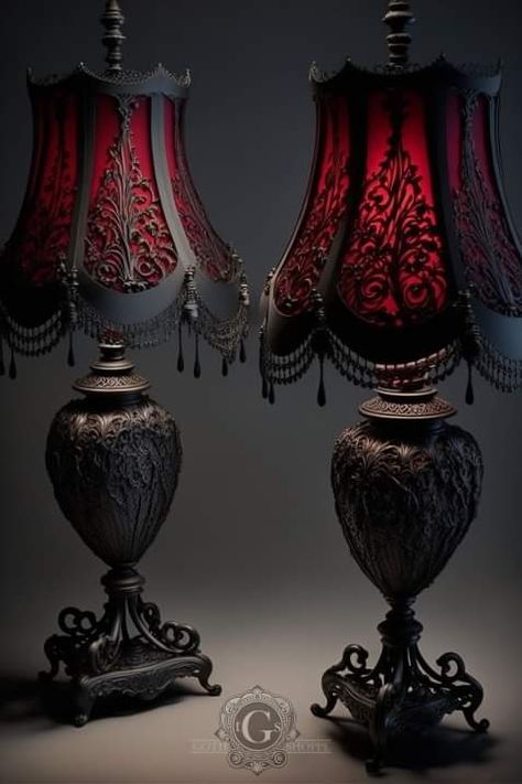 Romantic Goth Home Decor, Vampire Goth Bedroom, Vampire Bedroom Aesthetic, Vampire Room Aesthetic, Southern Gothic Decor, Gothic Lampshade, Bedroom Dark Academia, Whimsigoth Room, Rockabilly Home Decor