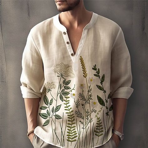 Soft Streetwear, Mens Printed Shirts, Floral Long Sleeve Shirt, Streetwear Mode, Linen Fashion, Mens Henley, Linen Shirt Men, Mens Linen, Mens Fashion Fall