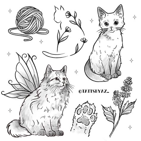 British Shorthair Cat Tattoo, Cat Tattoo Flash Sheet, Siberian Cat Tattoo, Fluffy Cat Tattoo, Sleeping Cat Tattoo, Tabby Cat Tattoo, Cat Flash Tattoo, Kitten Tattoo, Clock Drawings