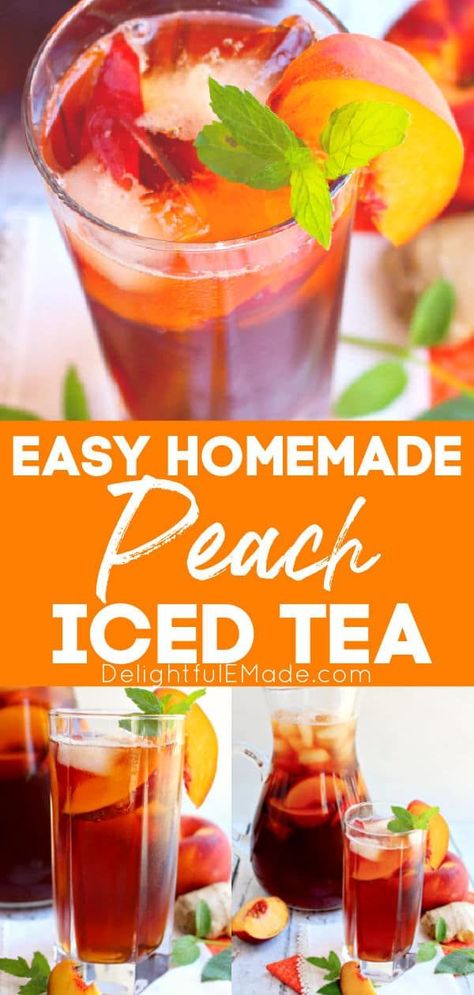 Love a cold, refreshing glass of ginger peach tea? Forget buying the bottled stuff, you can now make this homemade peach iced tea recipe at home! Super simple, less expensive and tastes much better than anything store-bought! || Delightful E Made Homemade Ice Tea, Summer Tea Recipes, Flavored Iced Tea Recipes, Peach Tea Recipe, Iced Tea Recipes Homemade, Hot Tea Recipes, Homemade Iced Tea, Peach Iced Tea, Iced Tea Drinks