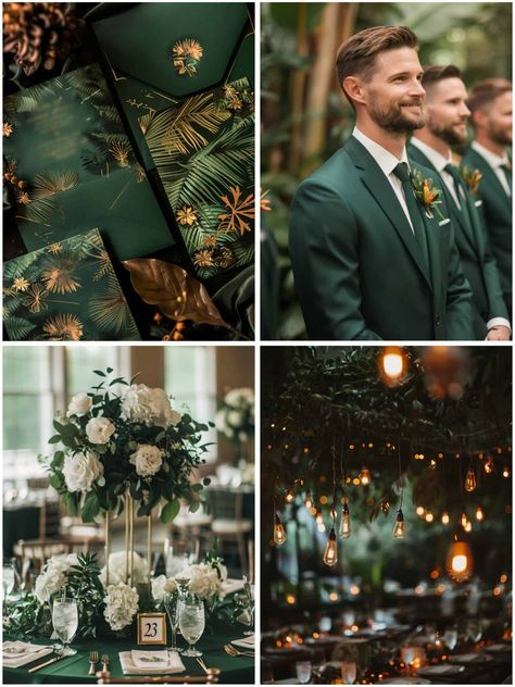 Forest Wedding Aesthetic Indoors, Dark Green Forest Wedding Theme, Rustic Wedding Decor Emerald Green, Emerald Green Weddings Reception, Dark Green Foliage Wedding, Green Grey Gold Wedding, Wedding Color Dark Green, Slytherin Inspired Wedding, Viridian Green Wedding Theme