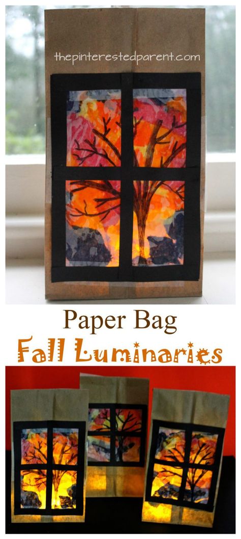 Pretty Paper Bag Fall Tree Luminaries - Autumn arts and crafts for kids. Fall Luminaries, Autumn Arts And Crafts, September Art, September Crafts, November Crafts, Paper Bag Crafts, Arts And Crafts For Teens, October Crafts, Fall Arts And Crafts