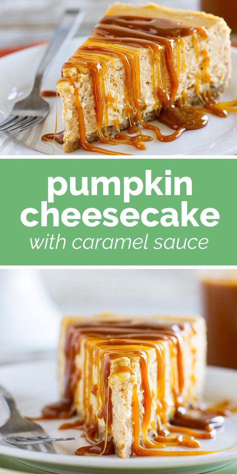 The ultimate fall dessert, this Pumpkin Cheesecake with Caramel Sauce is a smooth and silky pumpkin cheesecake topped with a homemade caramel sauce. Delectable! #pumpkin #dessert #cheesecake Pumpkin Caramel Cheesecake, Cheesecake With Caramel Sauce, Cheesecake Pumpkin, Recipes Cheesecake, Dessert Cheesecake, No Bake Pumpkin Cheesecake, Pumpkin Cheesecake Recipes, Homemade Caramel Sauce, Caramel Cheesecake