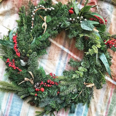 DIY: How I spruced up my old Christmas wreath. – The Bitter Lemon Old Wreath Makeover, Update Old Christmas Wreath, Diy Fresh Christmas Wreath, Flocked Christmas Wreath Ideas, Christmas Door Wreaths Ideas, How To Decorate A Christmas Wreath, Wreath From Tree Trimmings, Christmas Wreaths For Front Door Diy, Christmas Wresth