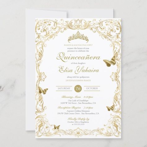 White Gold Elegant Baroque Regal Quinceanera Invitation  Zazzle Quinceñera Invitations, Rose Gold Invitation, Invitation Quinceanera, Royal Invitation, Champagne Quinceanera Dresses, Debut Invitation, Beauty And The Beast Theme, Quince Invitations, Quinceanera Planning