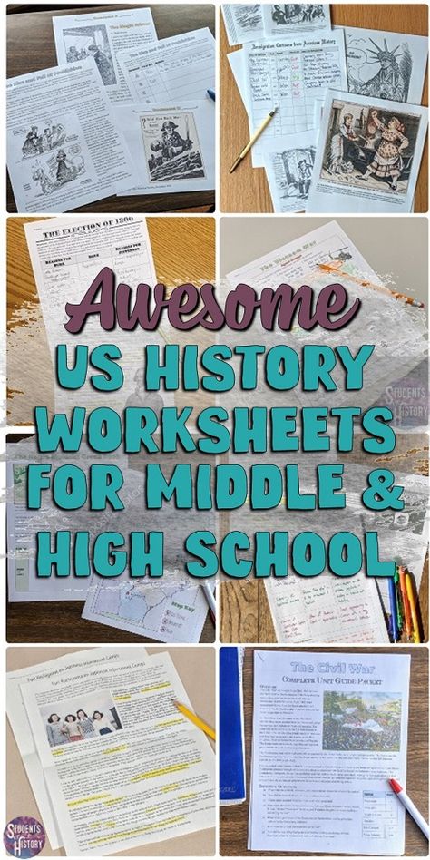 If you're looking for printable US History worksheets for your middle school or high school classroom, check out these from Students of History! Each one includes an answer key, editable Google Doc version, and more! Middle School Us History, Middle School History Activities, History Teacher Classroom, High School History Classroom, 8th Grade History, High School History Teacher, 7th Grade Social Studies, Teaching Us History, Teaching American History