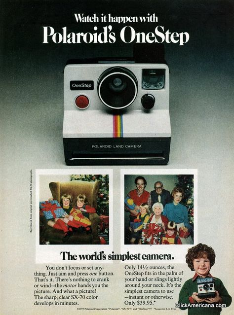 Polaroid OneStep camera - 1977. Camera Background, 80s Ads, Polaroid Instant Camera, Fotocamere Vintage, Polaroid One Step, Simple Camera, Instant Photography, Antique Cameras, Old Cameras