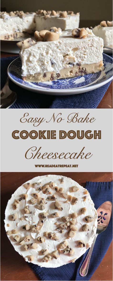 This easy, smooth, delicious no bake cookie dough cheesecake is so delightful! #cheesecake #dessert No Bake Cookie Dough Cheesecake, Easy No Bake Cookies, No Bake Cookie, Cookie Dough Cheesecake, No Bake Cookie Dough, Cheesecake Dessert, Baked Cheesecake Recipe, Easy No Bake, Cake Easy