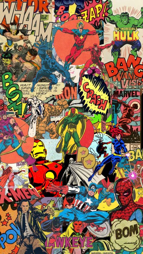 #marvel #comic #book #vintage Comic Book Wallpaper Desktop, Vintage Comic Book Wallpaper, Marvel Comic Book Wallpaper, Marvel Comic Collage, Comic Book Collage Art, Vintage Comic Book Aesthetic, Comic Book Wallpaper Aesthetic, Comic Book Wallpaper Iphone, Comic Background Aesthetic