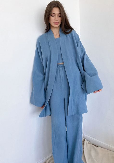 Number Korean, Robe Pajama, Casual Pajamas, Pajama Sets For Women, Kimono Pajamas, Nightgown Set, Cotton Loungewear, Nightgown Robe, Mode Kimono