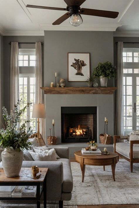 French country living room design, cozy fireplace design, home interior decor, space planning ideas, interior bedroom design, kitchen designs, paint color match Living Room Ideas With Stone Fireplace, Contemporary Country Living Room, Country Fireplace Ideas, Rustic French Country Living Room, Modern French Country Living Room, Charming Fireplace, French Country Living Room Decor Ideas, Warm Neutral Living Room, French Country Fireplace