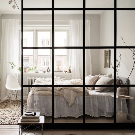 Separate Rooms Without Walls, Dividing Rooms Without Walls, Glass Wall Partition, Divided Living Room, White And Pink Bedding, Glass Partition Designs, Glass Partition Wall, Wall Partition, Glass Room Divider