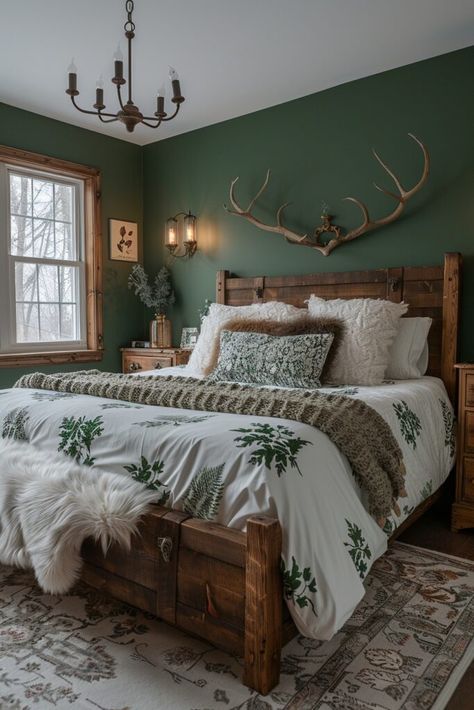 Bedroom Ideas Forest Green, Dark Bedroom Theme, Green Dark Wood Bedroom, Forest Green Bedding Bedroom Ideas, Green Bedroom Dark Wood, Brown Master Bedrooms Decor, Dark Green And Brown Bedroom, Dark Theme Room, Brown Wood Bedroom Ideas