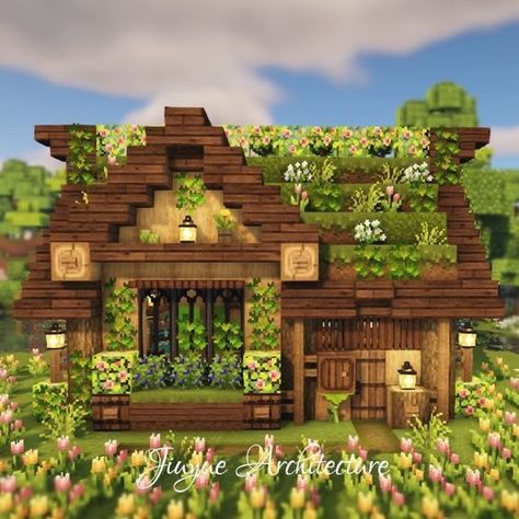 Minecraft Grass House, Minecraft Wood Cottage, House Shapes Minecraft, Boho Minecraft Houses, Aesthetic Houses Minecraft, Minecraft Wood House Ideas, Nature Minecraft House, Minecraft House Ideas Cottage Core Easy, Cute Mc Houses