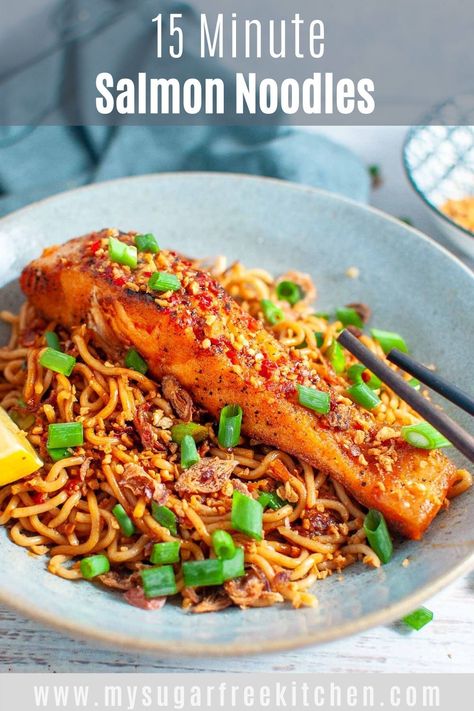 Salmon With Noodles, Salmon Noodles, Udon Noodles Recipe, Salmon Pasta Recipes, Quick Salmon, Asian Salmon, Healthy Noodles, Miso Salmon, Sweet Potato Noodles