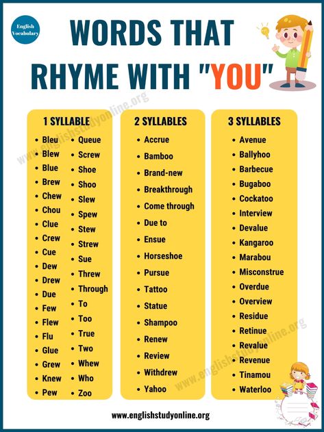 70 Useful Words That Rhyme with You in English - English Study Online Words That Rhyme With You, English Punctuation, English Rhymes, Body Preschool, Easy Korean Words, Proper English, Song Ideas, Balloon Words, English Skills