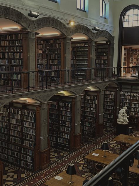 inside of a two-floor library,  nooks of book shelves are built in Dark Academia School Exterior, Giant Library, Boarding School Aesthetic, University Aesthetic, Dark Acadamia, Dream Library, Library Aesthetic, College Library, Dark Academia Aesthetic