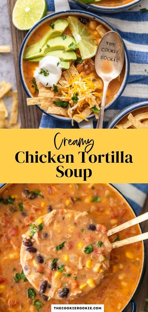 Tortilla Soup Easy, Chicken Tortilla Soup Crock Pot, Instapot Meals, Creamy Chicken Tortilla Soup, Chicken Tortilla Soup Recipe, Soup Crockpot, Hispanic Recipes, Mexican Night, Chicken Tortillas Soups Recipe